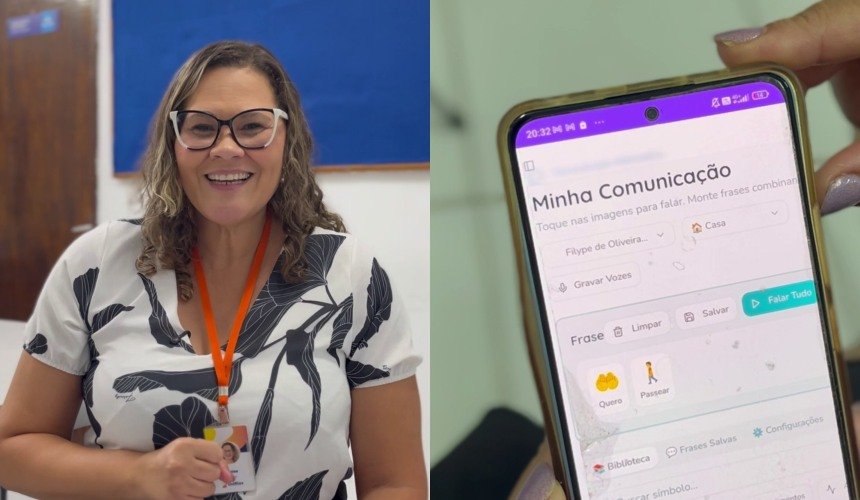 Professora Denise Xavier, ao lado, tela do aplicativo Filype Conecta.